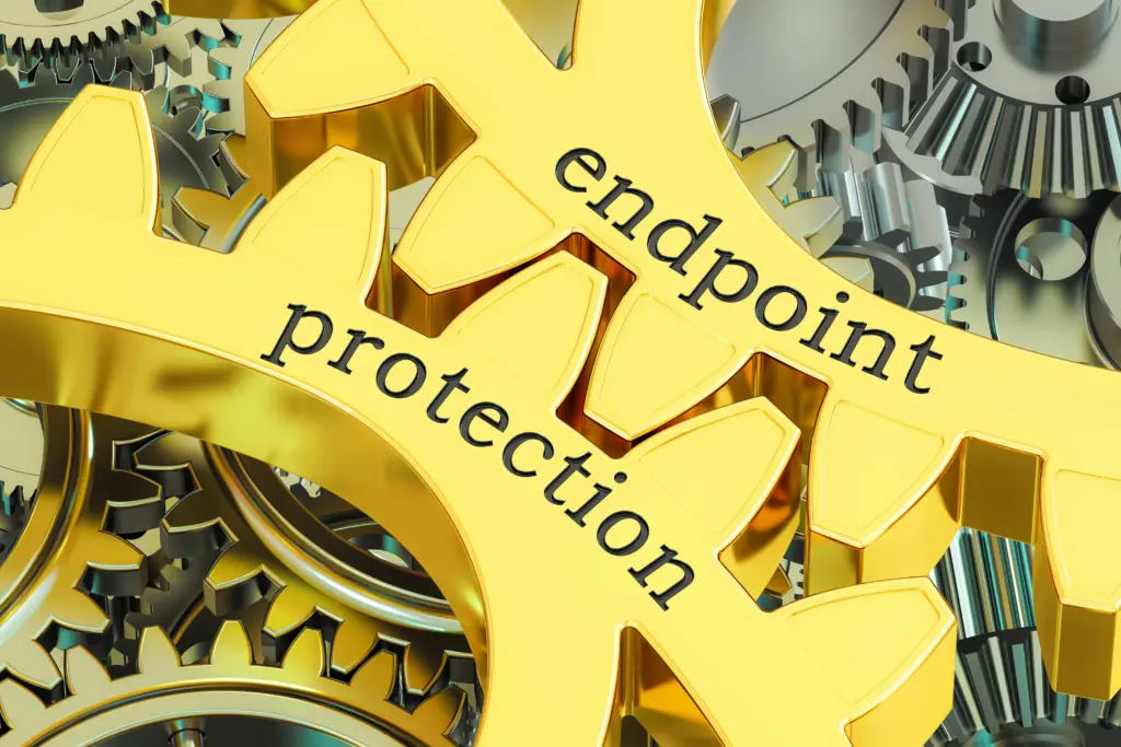 Symbolische Darstellung von Endpoint Protection mit ineinandergreifenden Zahnrädern