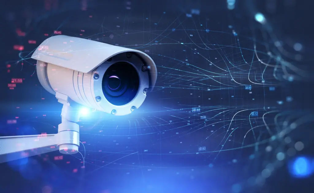 Überwachungskamera mit digitalem Datennetzwerk symbolisiert kontinuierliche IT-Sicherheitsüberwachung